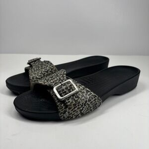 Crocs Sarah Women's US 10 Black/Gray Leopard Print Slide Sandals Buckle Slip-On